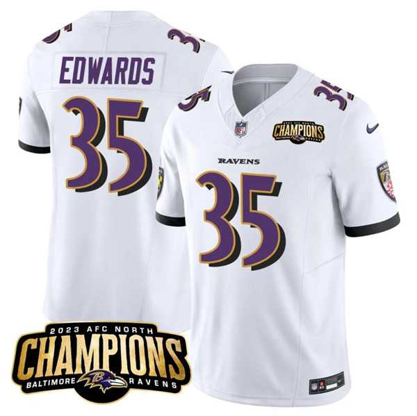 Men & Women & Youth Baltimore Ravens #35 Gus Edwards White 2023 F.U.S.E. AFC North Champions Vapor Limited Jersey
